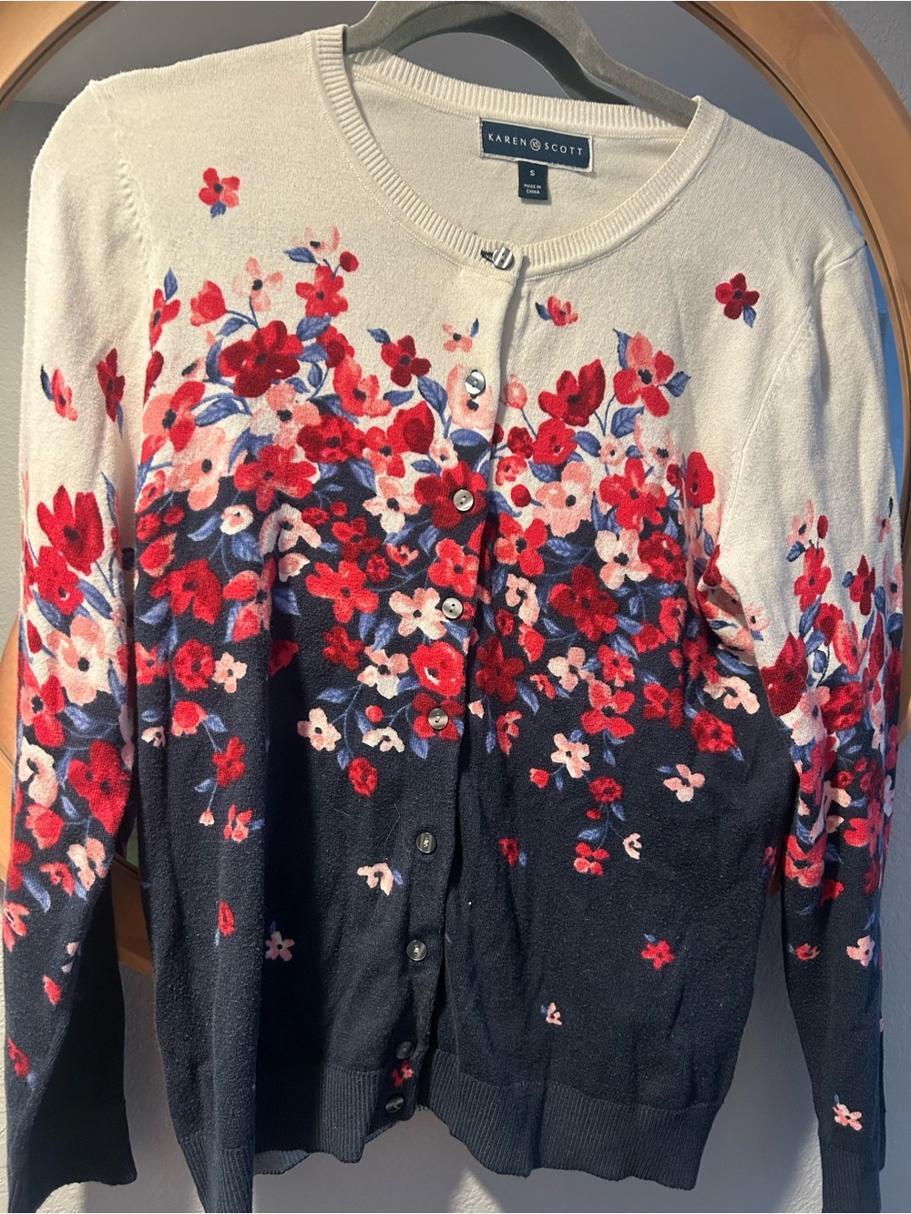 Karen Scott Cream and Navy Floral Button Cardigan